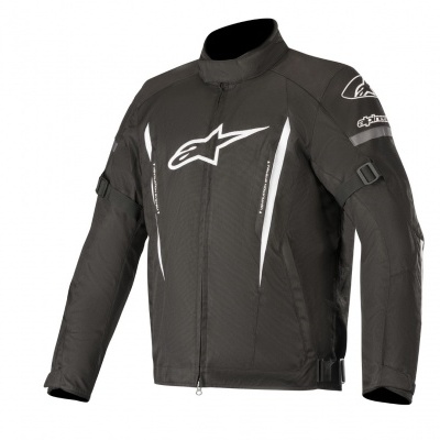 Casaco preto de motociclista com logotipos brancos Alpinestars