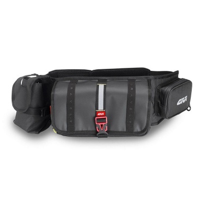 Bolsa de cintura preta com bolsos laterais e fecho com fivela vermelha e branca