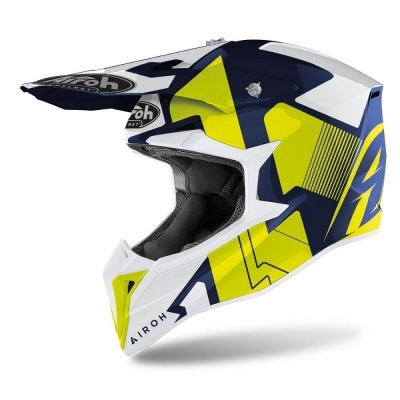 Capacete de motocross amarelo, branco, azul escuro e preto com interior acolchoado.