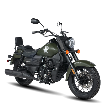 Motociclo verde militar estilo clássico com estrela branca e farol redondo
