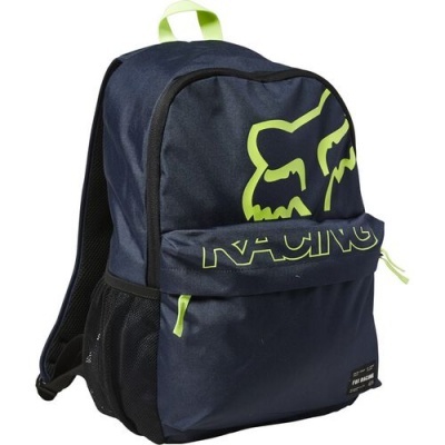 Mochila azul escura com detalhes verdes e texto RACING