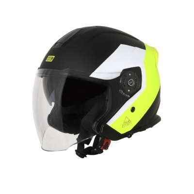 Capacete de motociclista preto com verde limão e viseira transparente