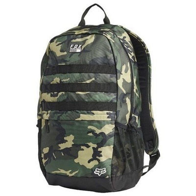 Mochila camuflada verde, bege e preto com etiquetas FOX e logótipo de raposa branca
