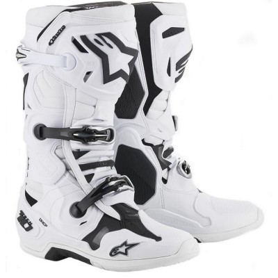 Botas de motocross Alpinestars brancas e pretas com fivelas e proteções