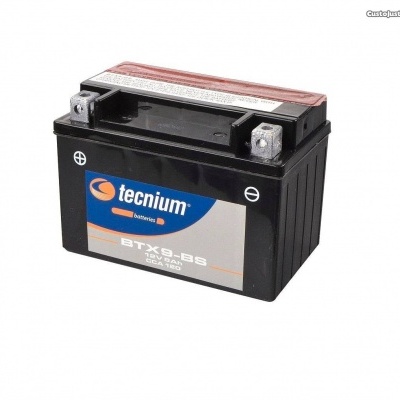 Bateria preta Tecnium BTX9-BS com etiqueta colorida e terminais metálicos.