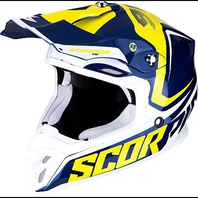 Capacete integral motocross azul amarelo branco com texto SCORPION