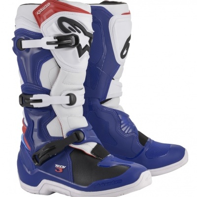 Botas de motocross Alpinestars Tech 3 azul, branco, preto e vermelho