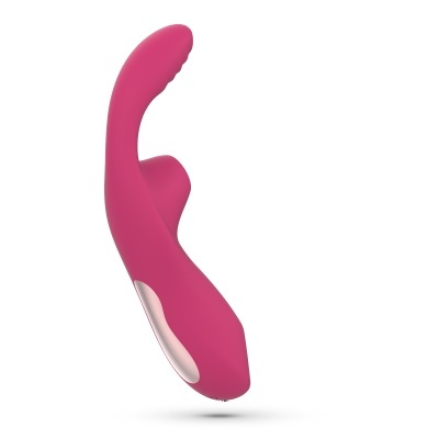 Vibrador rosa em silicone com detalhe prateado isolado em fundo branco