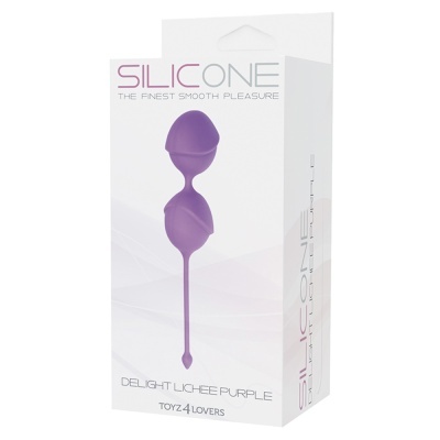 Embalagem branca com produto roxo de silicone duas esferas ligadas