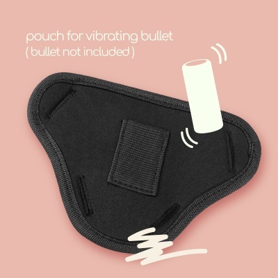 Estojo preto para vibrador tipo bullet sobre fundo rosa claro com texto explicativo.