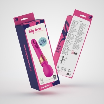 Embalagem de vibrador Big Ben cor-de-rosa com detalhes dourados e caixa roxa e rosa