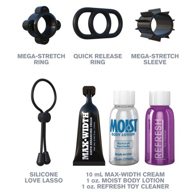 Conjunto de anéis e lubrificantes para uso pessoal com embalagens variadas e texto visível