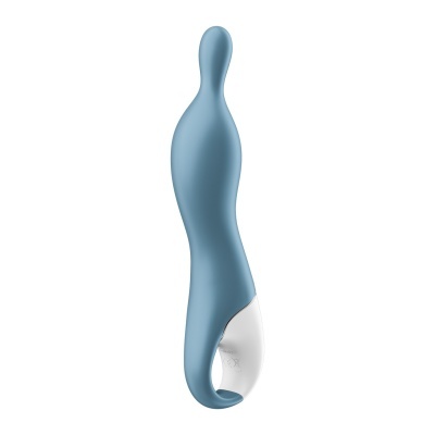 Vibrador azul curvo com base branca e pega em anel