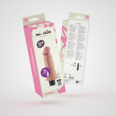 embalagem de vibrador realístico Mr. Skin com 17,5 cm em tom pele