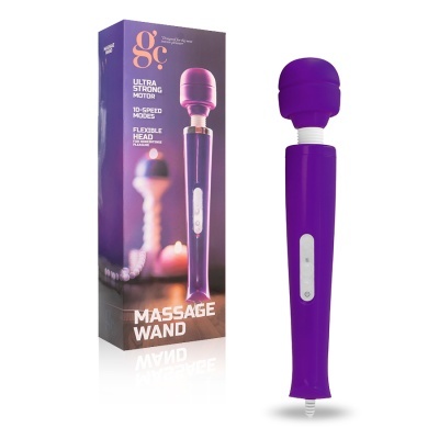 Massageador wand roxo ao lado da sua caixa roxa com texto branco e laranja