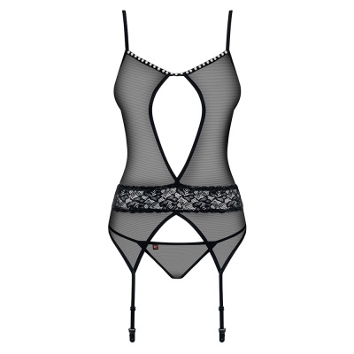 Corpete feminino preto em tecido mesh transparente com renda e ligas