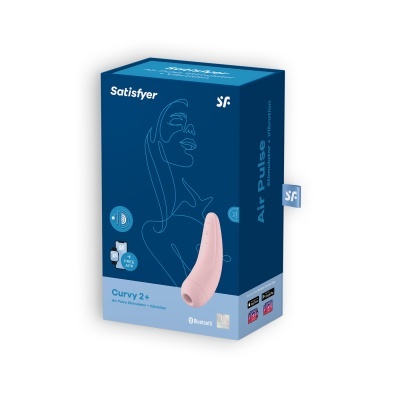 Embalagem azul do vibrador Satisfyer Curvy 2+ com imagem do produto rosa