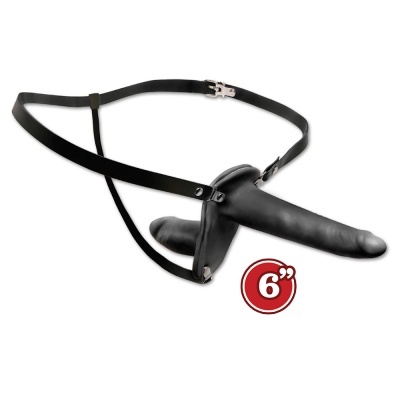 Strap-on preto com dois vibradores, correias ajustáveis pretas e símbolo 6'' em fundo branco