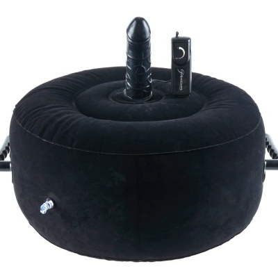 Almofada insuflável preta aveludada com objeto em forma de pênis e controlo remoto