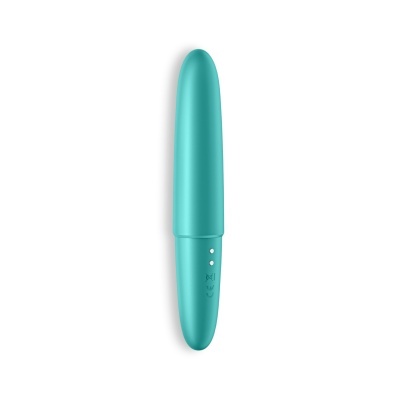 Vibro compacto azul-turquesa, superfície lisa, botões brancos, fundo branco