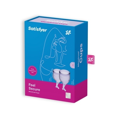 Embalagem azul e rosa com copos menstruais brancos e texto Satisfyer