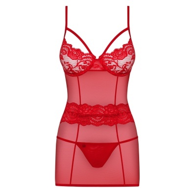 Conjunto de lingerie vermelho com renda e malha transparente