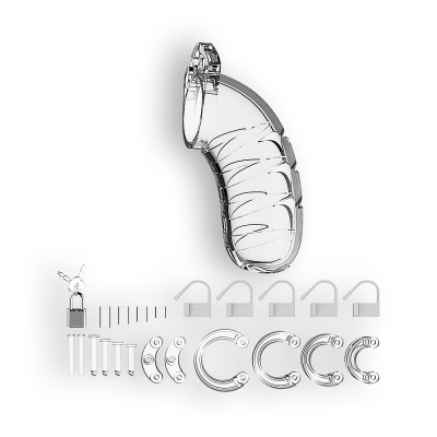 Conjunto de dispositivo masculino transparente com anéis e parafusos prateados