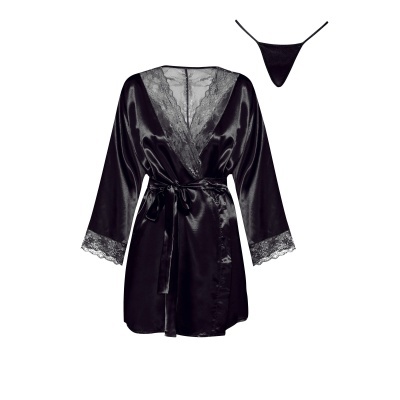 Conjunto de lingerie preto com robe em cetim e renda e tanga.