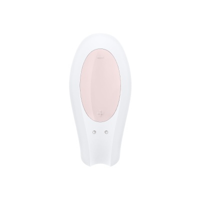 Dispositivo branco com painel oval cor de rosa com ícones de mais e menos