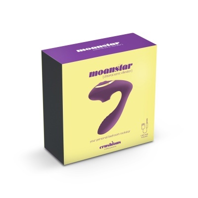 Embalagem de vibrador sonoro moonstar amarela e roxa com texto e imagem do produto.