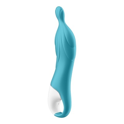 Vibrador azul turquesa com detalhes em branco, textura ondulada e ponta curva