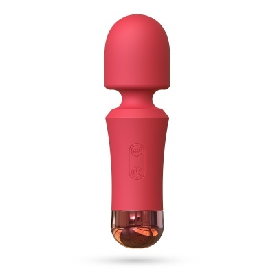 Vibrador vermelho com botões e base translúcida dourada