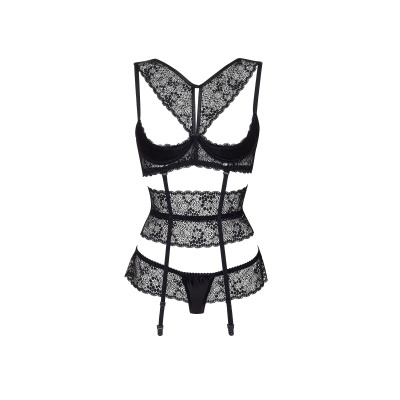 Conjunto de lingerie preto em renda com soutien, cinta-liga e tanga