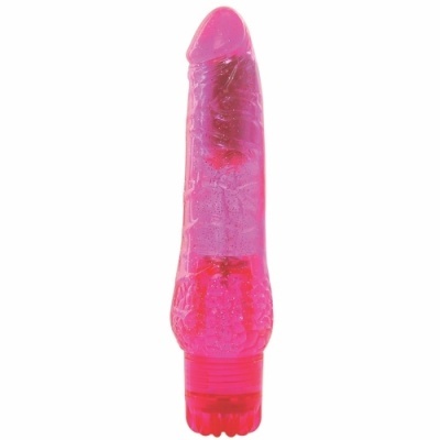 Vibrador rosa translúcido com textura e base giratória