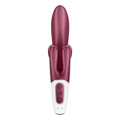 Vibrador roxo com base branca e botões de controle