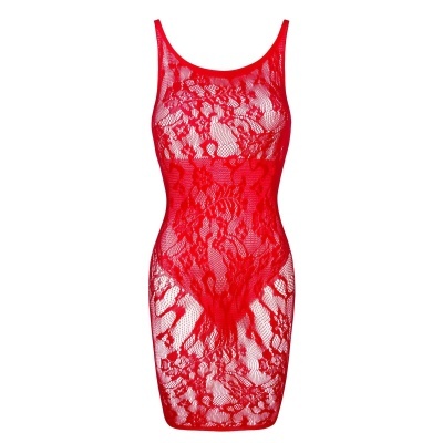 Vestido vermelho em renda transparente com padrão floral