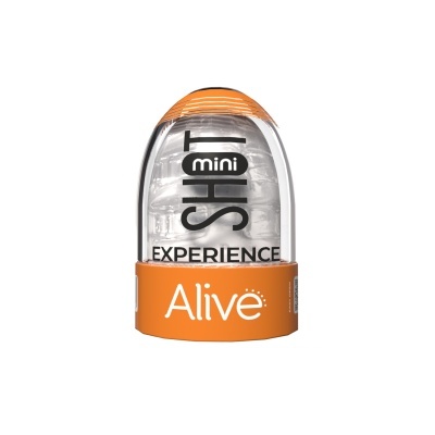Produto em embalagem plástica transparente com base e topo laranja e texto SHOT mini EXPERIENCE Alive