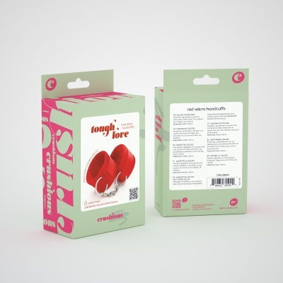 Caixa de algemas vermelhas em velcro 'tough love' da marca Creations com embalagem verde claro e texto em múltiplas línguas.