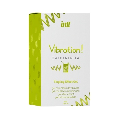 Embalagem de gel Vibration! CAIPIRINHA da marca intt, branca e verde com texto e imagem de copo.