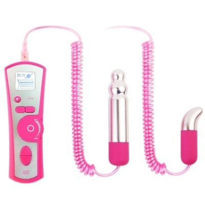 Controle rosa e preto com ecrã ligado a dois vibradores metálicos com bases rosa em fundo branco