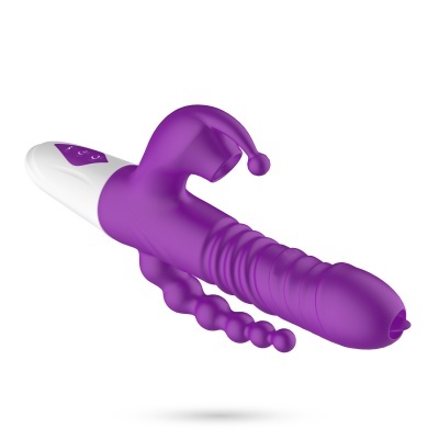 Vibrador roxo com várias extremidades e controlador branco