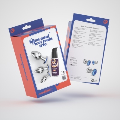 Conjunto de plugues anais metálicos com pedras azuis e lubrificante em embalagem colorida