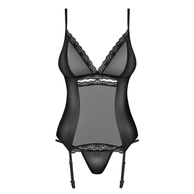 Conjunto de lingerie preto com corpete em renda e tecido transparente, tanga e suspensórios.