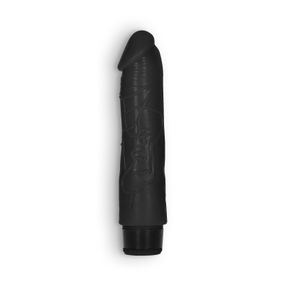 Vibrador preto com textura de rosto estilizado em fundo branco
