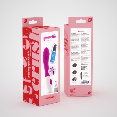 Embalagem de vibrador rosa Growlie com lubrificante azul e detalhes em vermelho