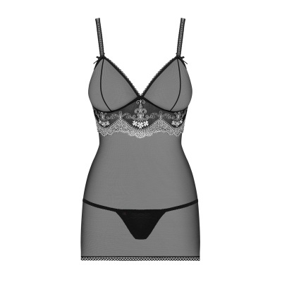 Vestido de lingerie preto transparente com detalhes em renda branca e fio dental pretos