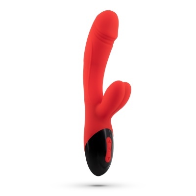 Vibrador vermelho com base preta e estimulador adicional lateral