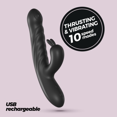 Vibrador preto com estimulador em forma de coelho e indicações de modos de vibração e recarregamento USB