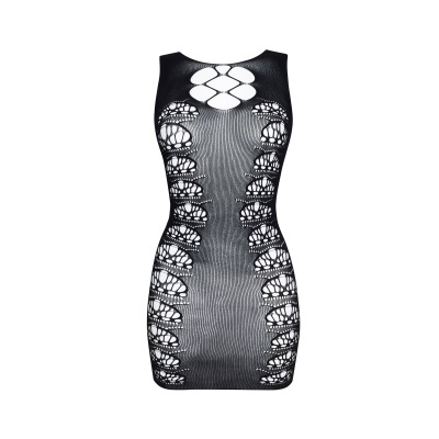 Vestido justo preto em malha aberta com recortes cruzados no decote e laterais