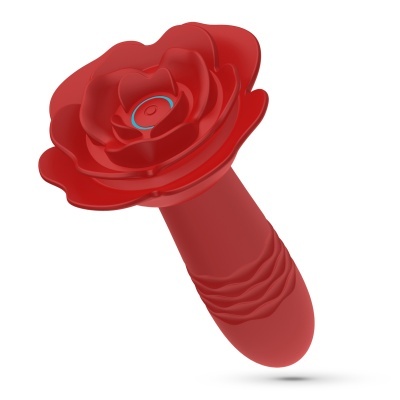 Vibrador vermelho em forma de flor com controlador azul no centro